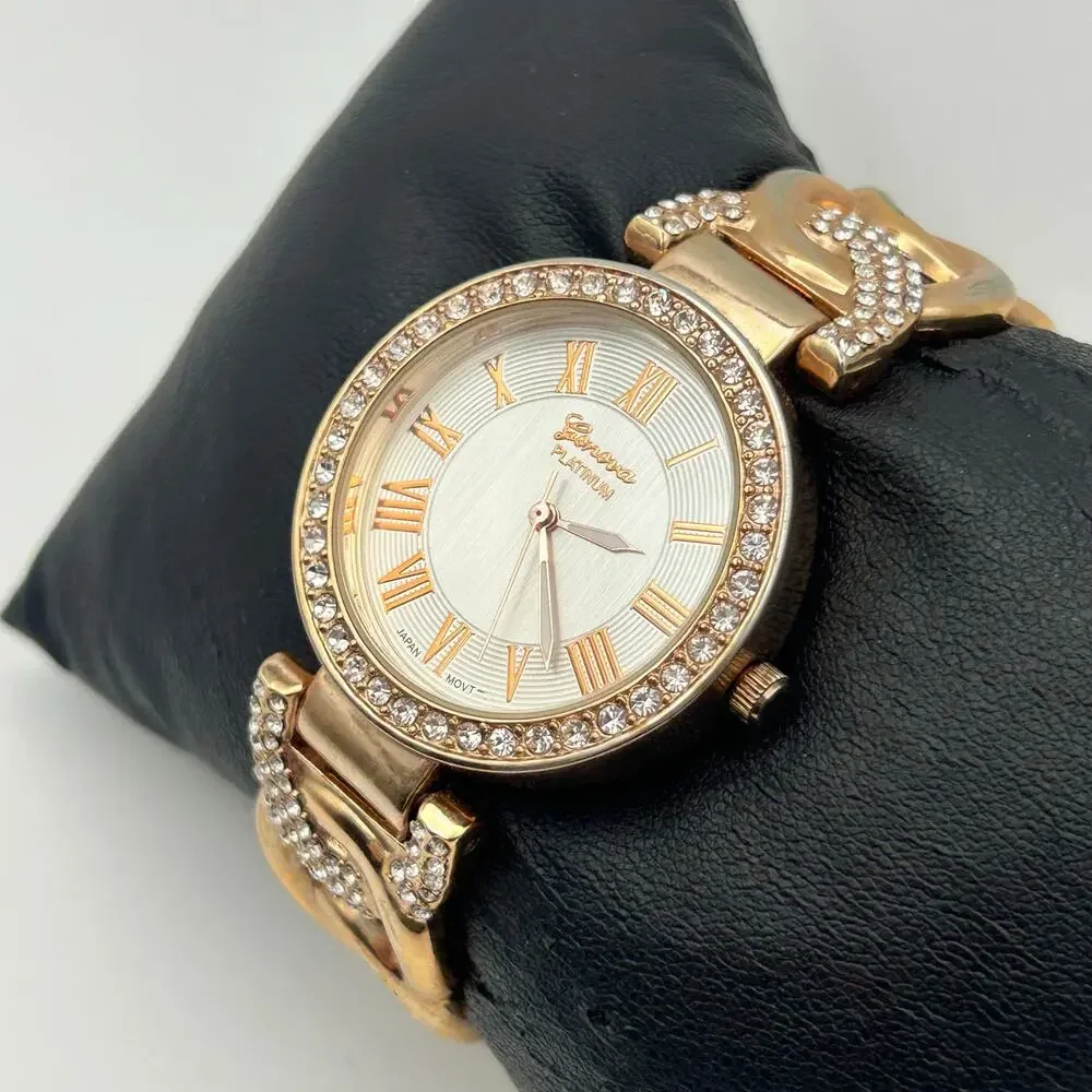 Geneva Platinum Women's Rose Gold Tone Crystal Accents Cuff Band Watch